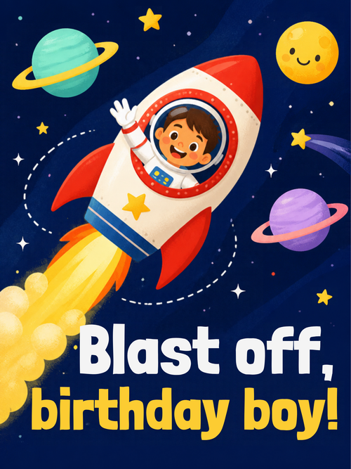 Blast Off, Birthday Boy! birthday card, front
